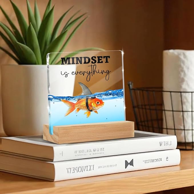 Christmas Thank You Gifts, Mindset is Everything Inspirational Gifts for Women Coworkers Friends, Funny Goldfish Desk Decor Acrylic Sign 4x4 Inch, Positive Affirmations Desk Accessories Signs for Table Top Cubicle Office Decor