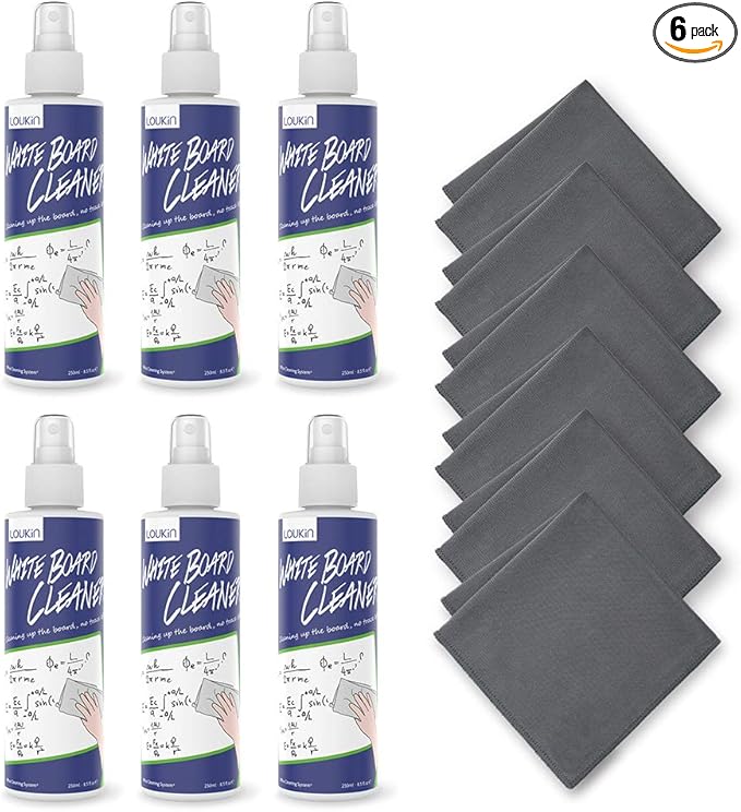 loukin Non-Toxic Whiteboard Cleaner, 8.5 fl oz Dry Erase Board Cleaner, Low-Odor Whiteboard Cleaning Spray with Cloths, Removes Stubborn Marks from Whiteboards, Chalkboard (6-Pack)