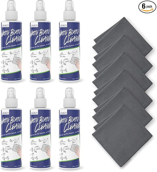 loukin Non-Toxic Whiteboard Cleaner, 8.5 fl oz Dry Erase Board Cleaner, Low-Odor Whiteboard Cleaning Spray with Cloths, Removes Stubborn Marks from Whiteboards, Chalkboard (6-Pack)