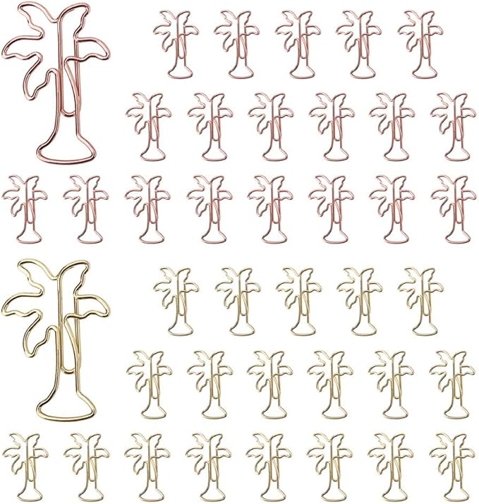 OWLFAVO 40pcs Palm Tree Shape Paper Clips with Clear Box, Rose Gold and Yellow Gold, Funny Cute Paperclips Bookmarks Planner Clips for Fun Office Supplies School Gifts Wedding Decoration