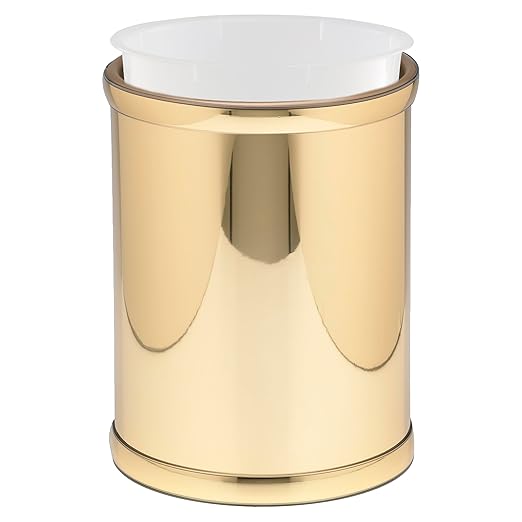 Kraftware Mylar Collection Wastebasket with Plastic Liner, adds Luxurious Style to The Home or Office, Bathroom or Bedroom, 8 Quart, 2 Piece Set with Liner for Easy Cleanup, Gold w Gold Trim