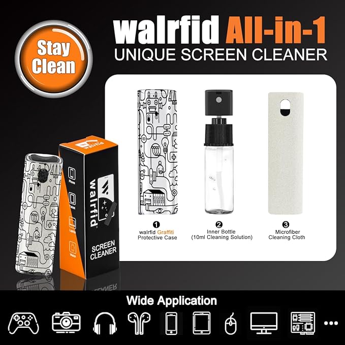 walrfid Laptop Screen Cleaner, Car Screen Cleaner Spray and Wipe, Phone Cleaning Kit for Electronic Computer, iPad, iPhone, MacBook, TV, Monitor, Tablet, Car Display, with Black Graffiti Case - Cream