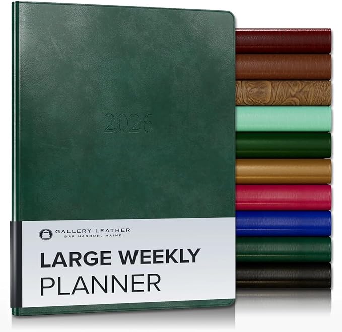 Gallery Leather Large Weekly Monthly Planner 2025-2026, Elegantly Bound Calendar Planner and Notebook with Stylish Gold-Gilded Page Edges, 12 Months - Acadia Green - 9.75 x 7.5 "