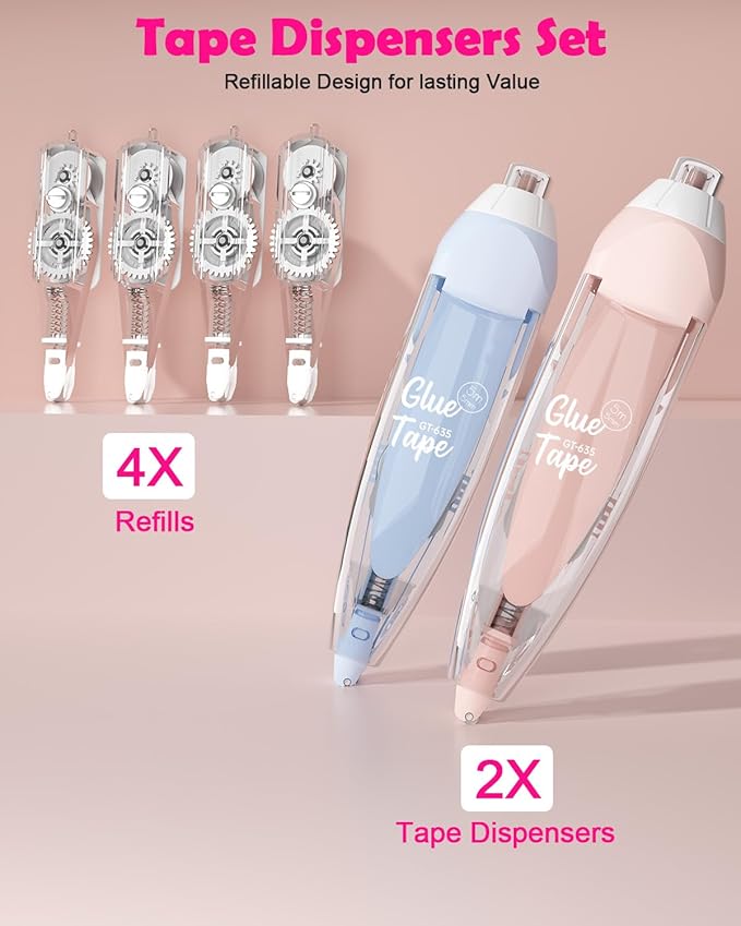 Retractable Glue Tape for Scrapbooking, 2 Pcs Double Sided Tape Roller for Crafts with 4 Extra Refills,16FT Scrapbook Tape Runner, Tape for Gift Wrapping Art Junk Journal School Office Supplies