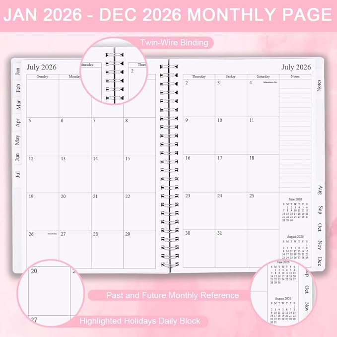 2026 Planner - Monthly Planner Runs January 2026 to December 2026, 6.25" x 8.25", 12 Monthly Tabs, 14 Notes Page, Inner Pocket, Flexible Cover with Twin-Wire Binding, Planners 2026, Pink