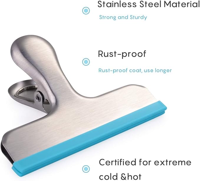 HOUSE AGAIN 8 Pack Stainless Steel Chip Bag Clips Covered with Silicone - NO More Sharp Edges - Color Coded for Food Bags - Air Tight Seal, Heavy Duty for Kitchen and Office, 3 Inches