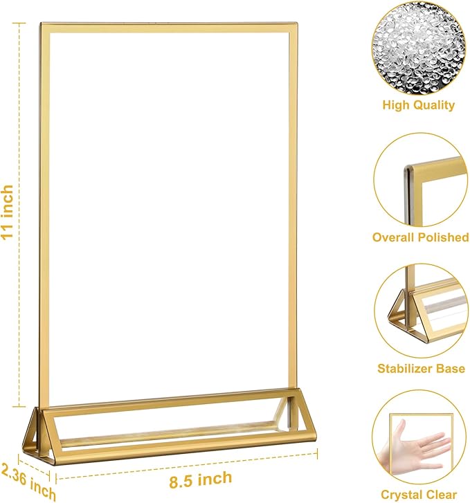 EHWINE 16 Pack Acrylic Sign Holder 8.5 x 11, Double Sided Gold Picture Frame Stand up Table Top Sign Holders, Clear Display Stand Menu Flyer Holder for Wedding Party (Provide Non-slip Mats)