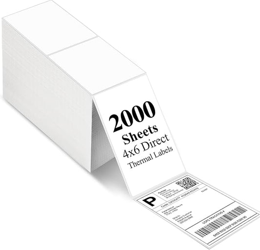 LotFancy 4x6 Thermal Labels, 2000 Shipping Labels, Perforated, White Postage Mailing Labels Compatible with Zebra, Rollo, Elton Thermal Printer, Permanent Adhesive