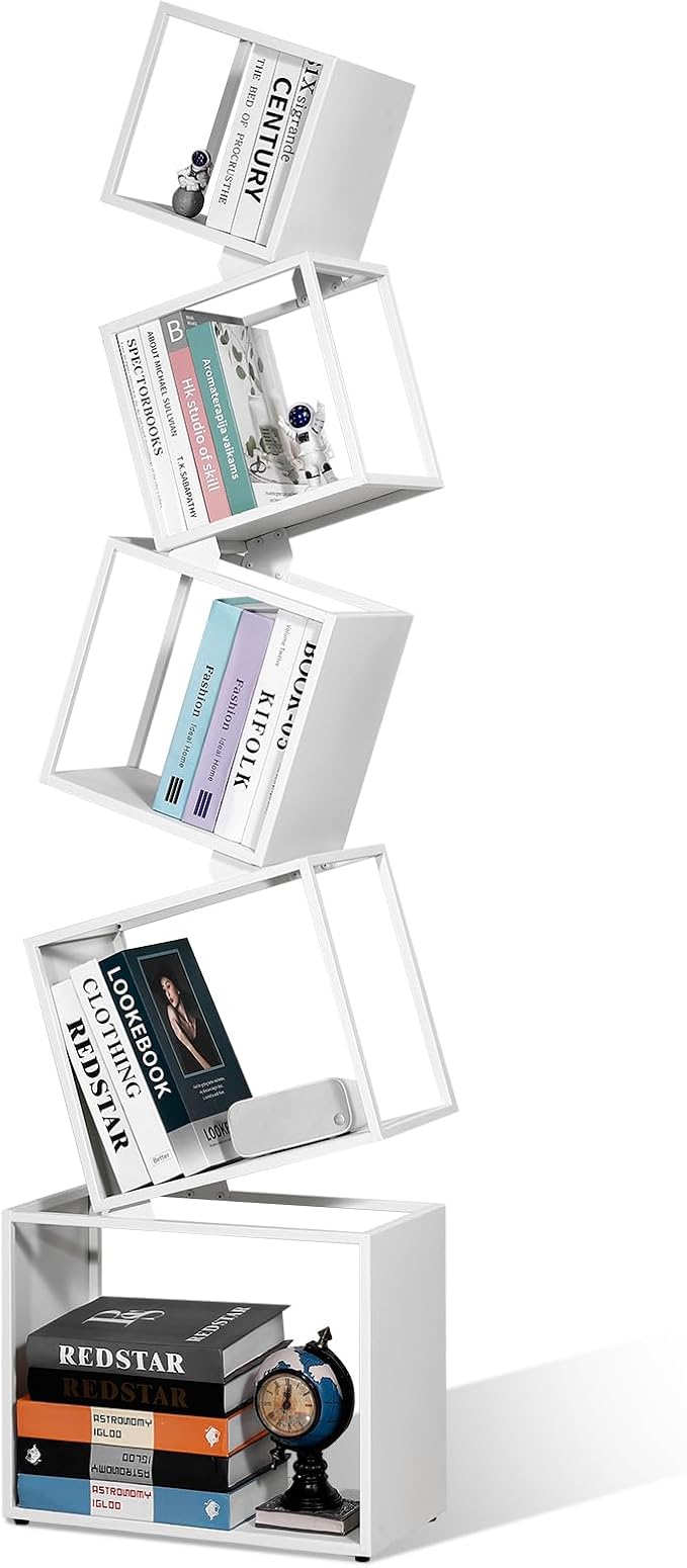 67-Inch 5-Tier Floating Bookshelf – Staggered Geometric Design, Freestanding Metal Storage & Display Rack for Home & Office (White)