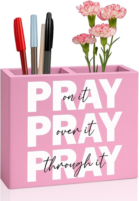 Pink Office Desk Decor Inspirational Christian Gifts for Women Men HR Manager Coworker Friend Employee Wooden Pencil Holder Boss Day Gifts Pray on it Wooden Sign Bible Verse Office Desk Decor