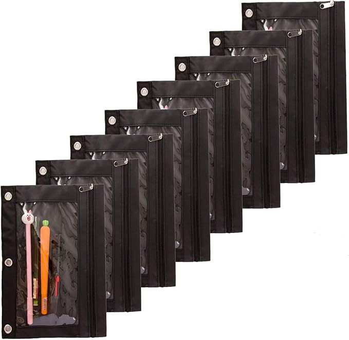 Zippered Binder Fabric Pencil Pouch 3 Rings with Clear Window for School Classroom Organizers 8 Pack (Black)