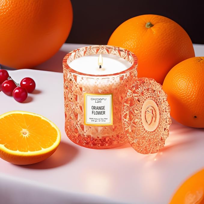 Chloefu LAN Orange Blossom Candle, Natural Soy Scented Candles for Stress Relief, Holiday Candle Gifts, 55 Hours Smokeless Long Lasting Burning, Great Gift for Women & Men