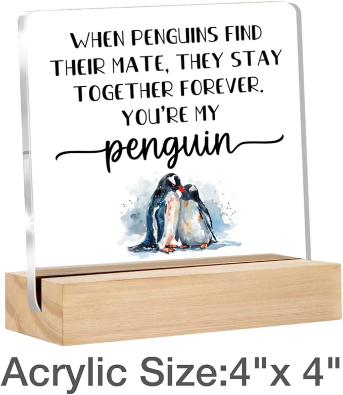I Love You Gifts for Her Him Cute Penguin Gifts for Girlfriends Boyfriends Anniversary Sign Desk Decorative Signs Plaques 4 x 4 Inches acrylic