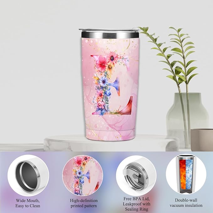 Personalized Gifts Monogrammed Birthday Gifts for Women, Daughter Bestie Friendship Christmas Initial 20 oz Tumbler, Makeup Bag Cup Ballpoint Pens Journal Notebook 6 Set, (Aesthetic Pink Flower E)