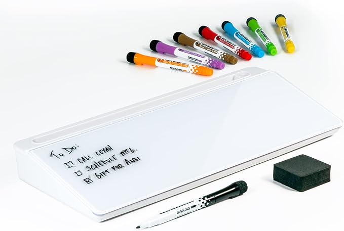 Glassboard Studio Glass Dry Erase Doodle Tray for Desktop Office Supply Storage - Marker and Eraser Included (8 Markers, White)