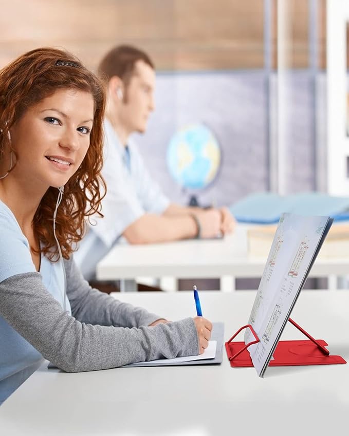 MSDADA Desk Book Stand Metal Reading Rest Book Holder Adjustable Cookbook Documents Holder Portable Sturdy Bookstands for Recipes Textbooks Tablet Music Books with Page Clips (Red)