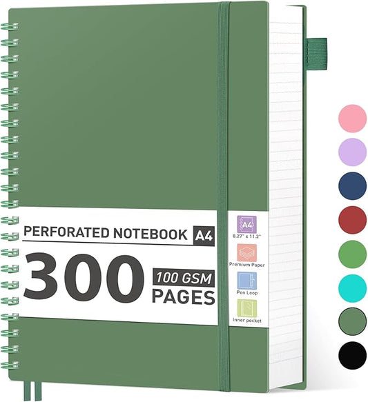 AHGXG Spiral Notebook College Ruled - Spiral Journal Perforated Notebook A4 8.5" x 11", 300 Pages Easy Tear Perforated Pages, 100GSM Thick Paper, Plastic Hardcover, for Writing Work School, Green