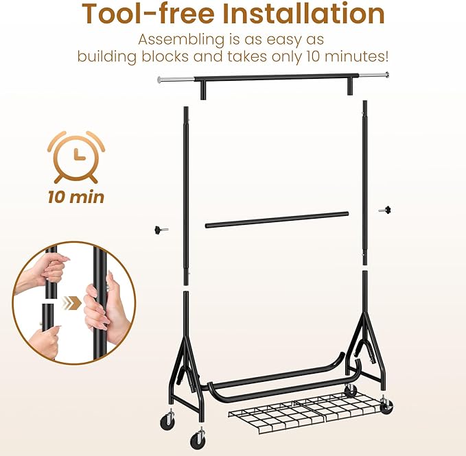 Heavy Duty Clothes Rack for Hanging Clothes, Double Rods Clothing Rack with Lockable Wheels, Rolling Garment Racks with Shelf, Easy to Assemble, Black