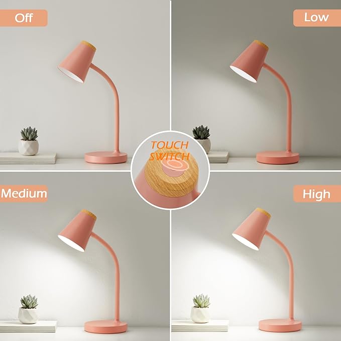 Desk Lamps for Home Office - Small LED Desk Lamp Touch Dimmable Reading Light for College Dorm Room - Adjustable Flexible Gooseneck Table Lamp for Bedside Bedroom Nightstand Pink