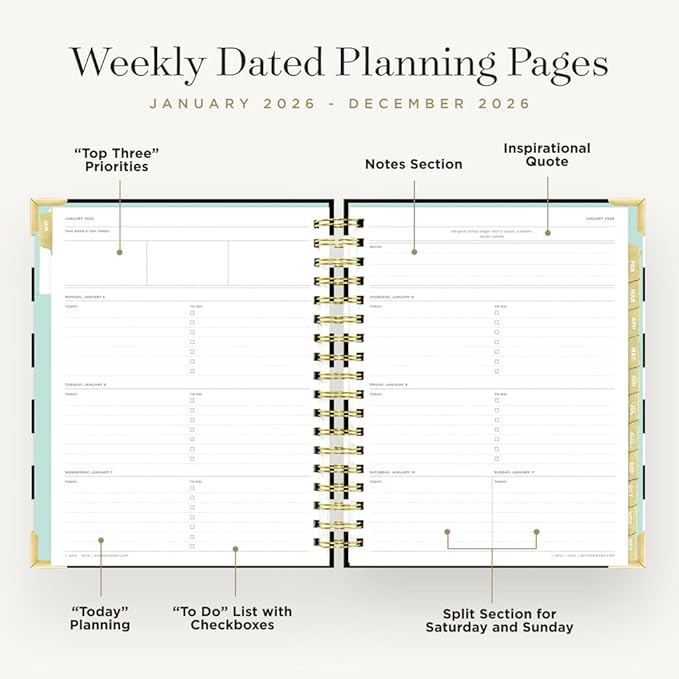 Day Designer 2026 Weekly Planner – Premium Planner for Stylish Organization. Combines Weekly & Monthly Calendars, Daily Schedule, Notes Pages, Goal Setting, Stickers, Pocket & More. Elegant Laminated Cover with Gold Accents (Black Stripe Design - 2026)