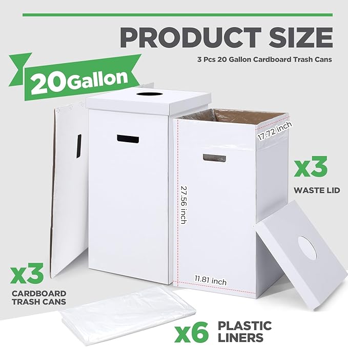 3 Pcs Cardboard Trash Cans with Lid Disposable and Reusable Corrugated Cardboard Trash Cans Recycling Bins Bulk with Garbage Bags White Rubbish Boxes for Parties Events (20 Gallon)