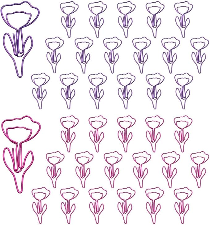 OWLFAVO 36pcs Flower Shape Paper Clips with Clear Box, Pink and Purple, Funny Cute Paperclips Bookmarks Planner Clips for Fun Office Supplies School Gifts Wedding Decoration