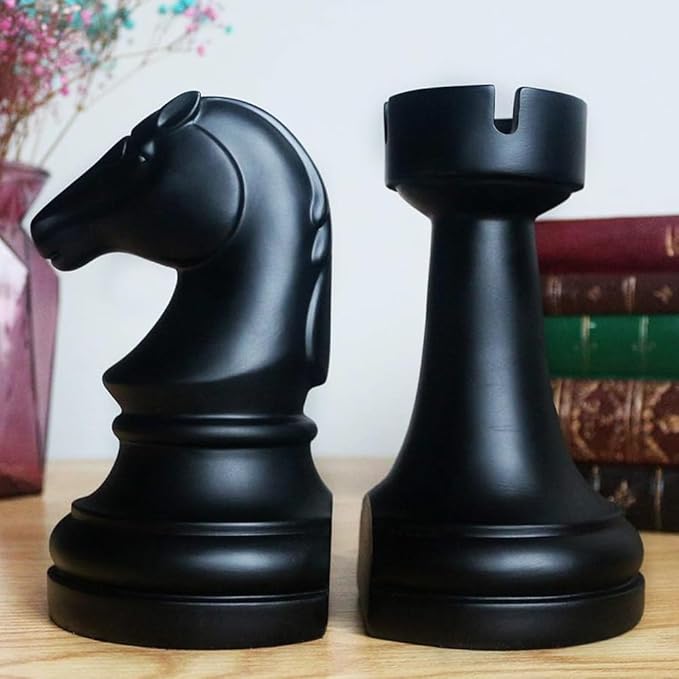 Chess Bookends, Office Decorative Bookends for Shelves, Heavy Bookends Book Stoppers Book Holders for Desk Decoration, 7x7x4 inches, Black,1Pair/2Piece