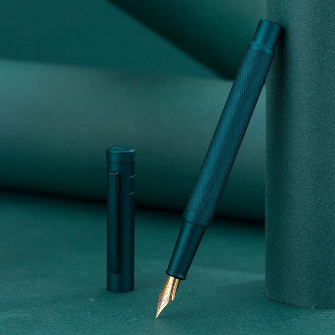 Asvine Dark Green Fude Pen, Bent Nib Fountain Pen Calligraphy (Fine to Broad) with Converter and Metal Pen Case Set
