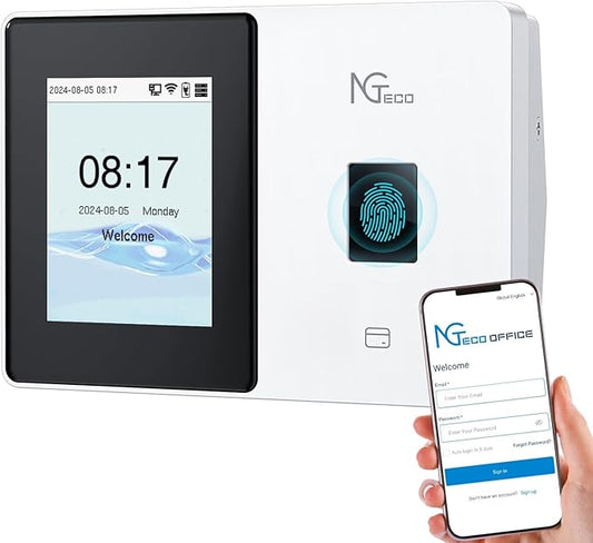 NGTeco Cloud Time Clock for Employees Small Business, Fingerprint+Card Time Clocks With Battery, 2.4G & 5G WiFi Times Clock Punch Machine with Remote Control Software ＆ iOS/Android App (0 Monthly Fee)