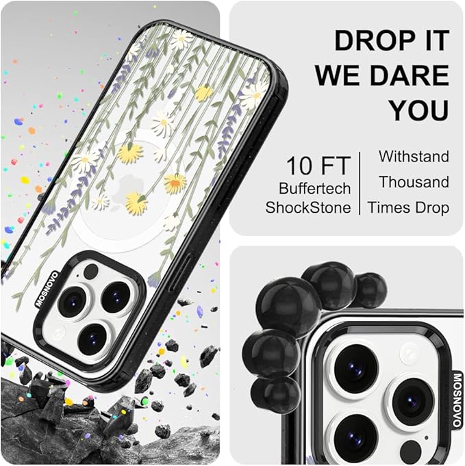 MOSNOVO Magnetic Case for iPhone 14 Pro, 10ft Military-Grade Protection, Compatible with Magsafe, Shockproof Phone Case for iPhone 14 Pro - Wild Meadow - Clear Black