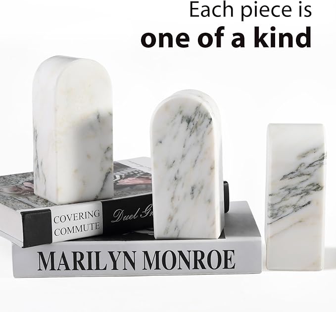 Koville Natural Marble Bookends for Shelves, 7lbs Heavy-Duty Marble Book Holders, Decorative Book Ends, Bookshelf Apartment Decor for Normal Books/CD/Video Games