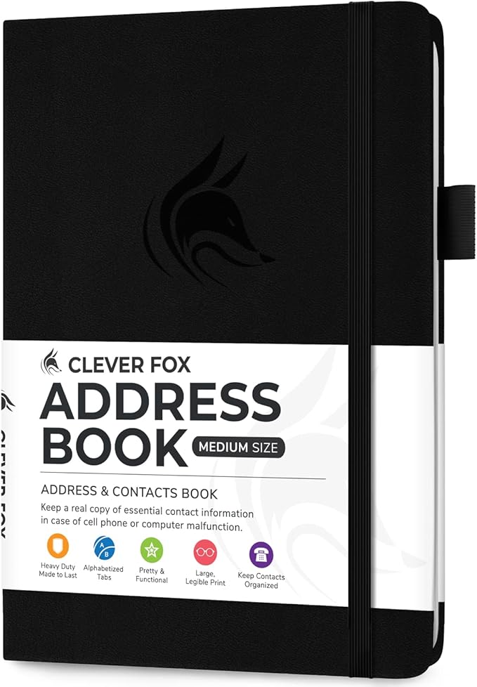 Clever Fox Address Book with alphabetic tabs - PU leather telephone and address book for keeping contacts safe, Contact Organizer Journal, Medium Size (5.3″ x 7.7″) Hardcover, Black