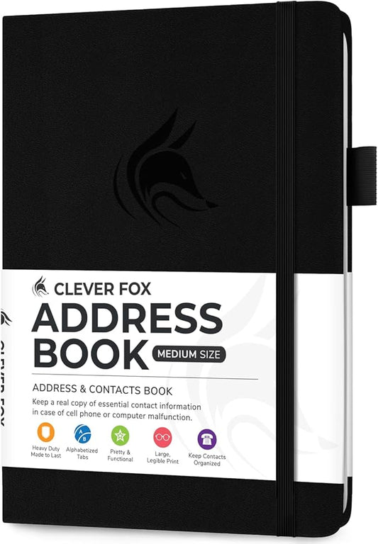 Clever Fox Address Book with alphabetic tabs - PU leather telephone and address book for keeping contacts safe, Contact Organizer Journal, Medium Size (5.3″ x 7.7″) Hardcover, Black