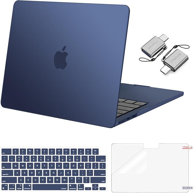 MOSISO Compatible with MacBook Air 13 inch Case 2025 2024 2023 2022 M4 A3240 M3 A3113 M2 A2681, Plastic Hard Shell&Keyboard Cover&Screen Film&Type C for MacBook Air 13.6 inch Case, Haze Blue