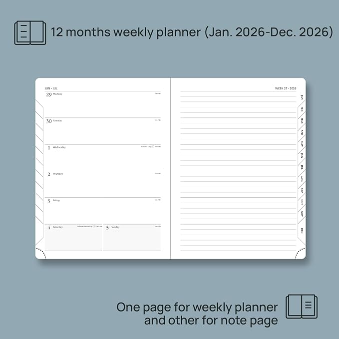 POPRUN Weekly Planner 2026 (Medium 6.5" x 8.5") Calendar 12 Months Notebook with Horizontal Layout, Leather Soft Cover, Monthly Tabs, Inner Pocket, 100GSM Thick Paper, Pen Holder - Petrol Green