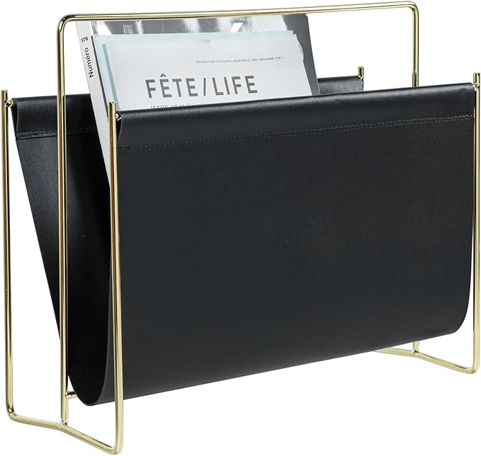 MyGift 15-Inch Modern Black Leatherette & Brass Plated Metal Magazine Holder – Floor Standing Faux Leather Sling Style Newspaper Rack for Home, Bathroom, Office Decor