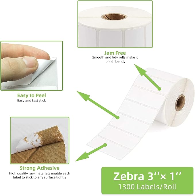 Compatible 3" x 1" Direct Thermal Labes Replacement for Barcodes Postage Address Shipping Compatible with Rollo & Zebra Desktop Printers Adhesive & Perforated (12 Rolls, 1300 Labels/Roll)