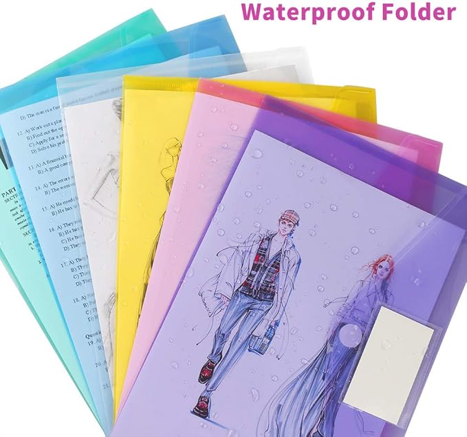 11 Pack Plastic Poly Filing Envelopes, Clear Document Folders US Letter A4 Size File Envelopes with Label Pocket & Paste Button for School Home Work Office Organization, 6 Assorted Color