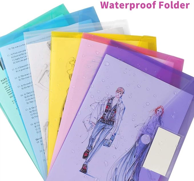 6 Pack Plastic Poly Filing Envelopes, Clear Document Folders US Letter A4 Size File Envelopes with Label Pocket & Paste Button for School Home Work Office Organization, 6 Assorted Color