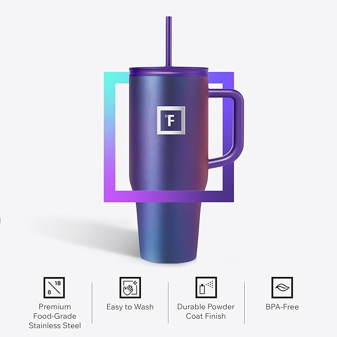 IRON °FLASK Co-Pilot Insulated Mug w/Straw & Flip Cap Lids - Cup Holder Bottle for Hot, Cold Drink - Leak-Proof - Water, Coffee Portable Travel Mug - Clementine, 32 Oz