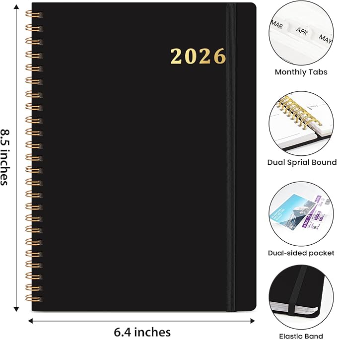 2026 Planner, Weekly and Monthly Calendar Planner Book, January 2026 - December 2026, Hardcover Spiral Planner with Monthly Tabs, Notes Pages, Perfect for Women & Men, A5 (6.4" x 8.5") - Black