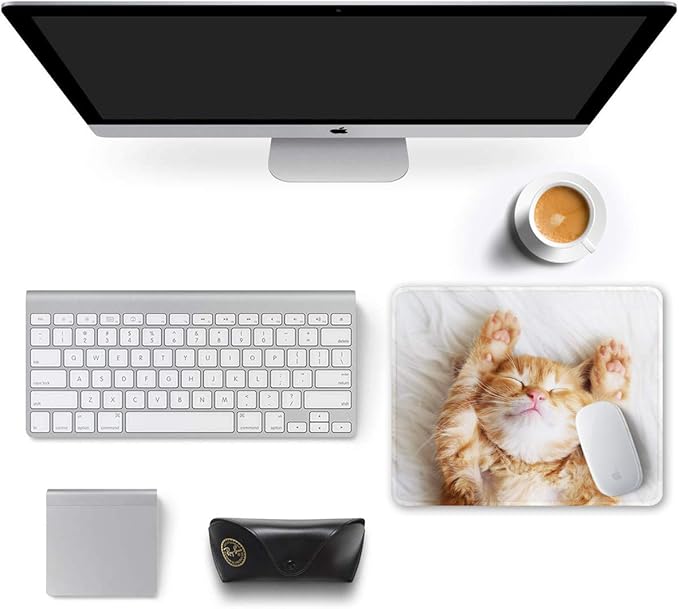 Auhoahsil Mouse Pad, 12 x 10 in Cute Cat Theme Computer Mouse Pad for Desk, Premium-Textured Non-Slip Rubber Stitched Edges Waterproof Square Mouse Mat for Gaming Work Wireless Mice, White