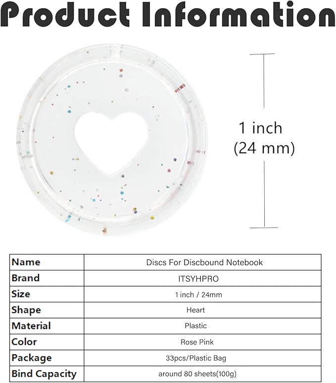 33pcs Planner Discs for Discbound Notebook Accessories 0.94 inch Binder Rings Heart Expansion Disc Binding Discs(33pcs Clear Gold 0.94 inch/24 mm)