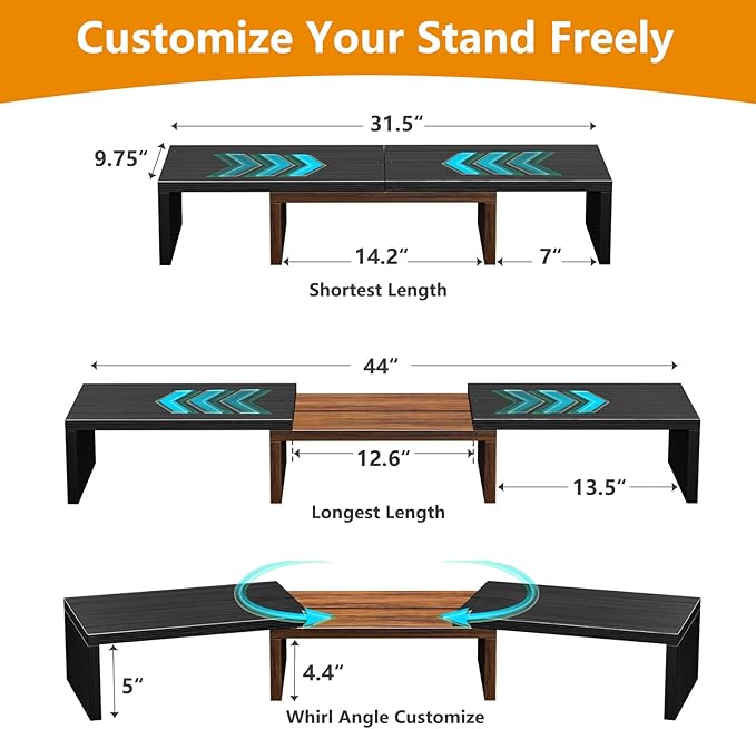 Simple Trending Monitor Stand Riser for Desk Organizer , Adjustable Length and Angle 3 Shelf with Drawer, Black