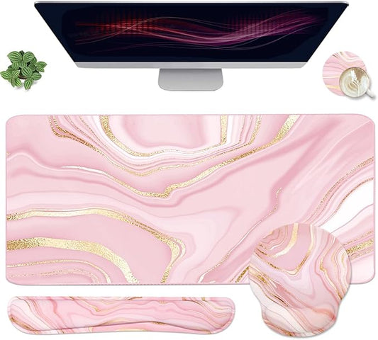 4-in-1 Gaming Mouse Pad Wrist Support Set，Desk Pad + Mouse Pad with Wrist Rest + Keyboard Wrist Rest + Coaster, Ergonomic Design for Home Office Study Game - Pink Fluid