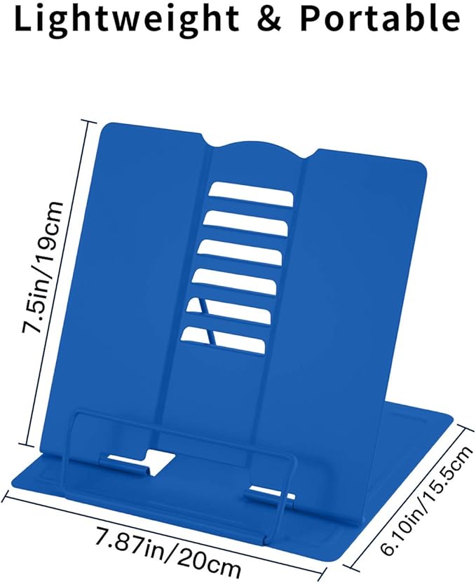 MSDADA Desk Book Stand Metal Reading Rest Book Holder Adjustable Cookbook Documents Holder Portable Sturdy Bookstands for Recipes Textbooks Tablet Music Books with Page Clips (Blue)