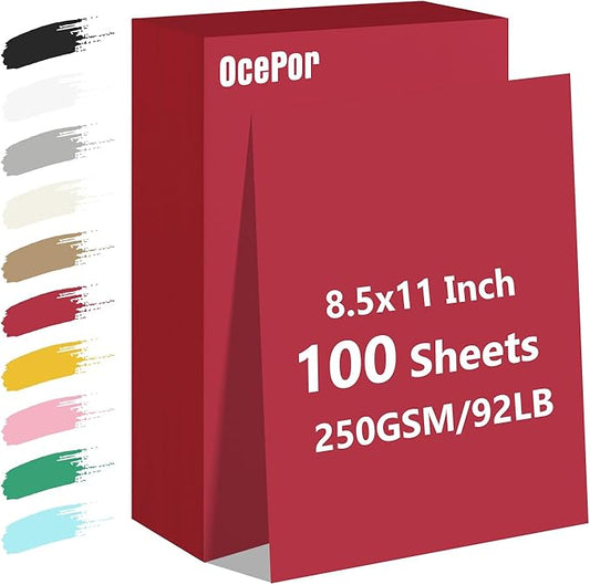 OcePor 100 Sheets Valentine's Day Red Cardstock Paper, Colored Printer Paper 8.5 x 11, Card Stock Thick Construction for Craft,Scrapbook，Office Printing, Invitations, Certificates，92 lb/250gsm