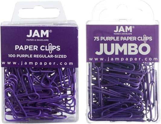 JAM PAPER Combo Pack Colorful Paper Clips - Standard & Jumbo - Purple Paperclips - 1 Pack of 100 & 1 Pack of 75
