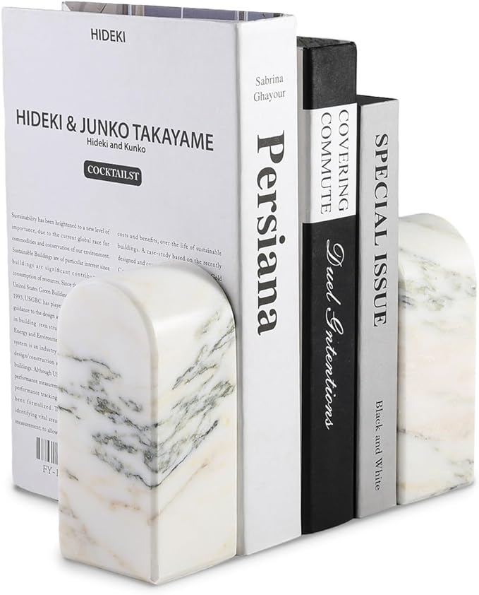 Koville Natural Marble Bookends for Shelves, 7lbs Heavy-Duty Marble Book Holders, Decorative Book Ends, Bookshelf Apartment Decor for Normal Books/CD/Video Games