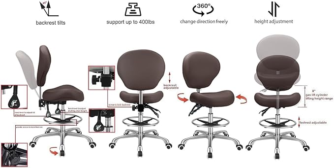 Kaleurrier Adjustable Stools Drafting Chair with Backrest & Foot Rest,Tilt Back,Swivel Seat,Rolling Wheels,for Studio,Dental,Office,Salon and Counter,Armless Tall Home Desk Chairs (Brown)